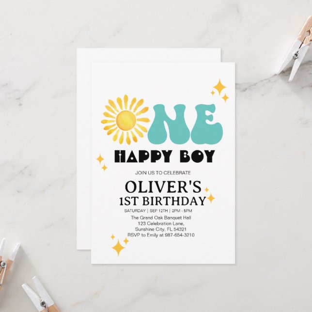 Invitation Sunshine, Boho One Happy Boy Premier anniversaire (Devant/Arrière en situation)