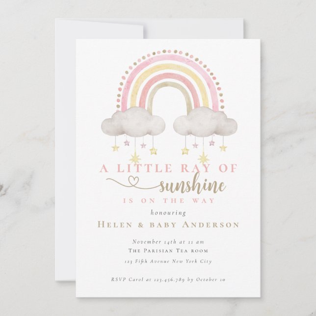 Invitation Sunshine Boho rose Rainbow Girl Baby shower (Devant)