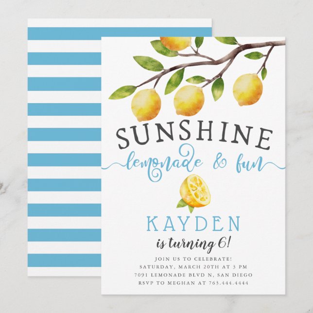 Invitation Sunshine Lemonade et Fun Boy's Birthday Party (Devant / Derrière)
