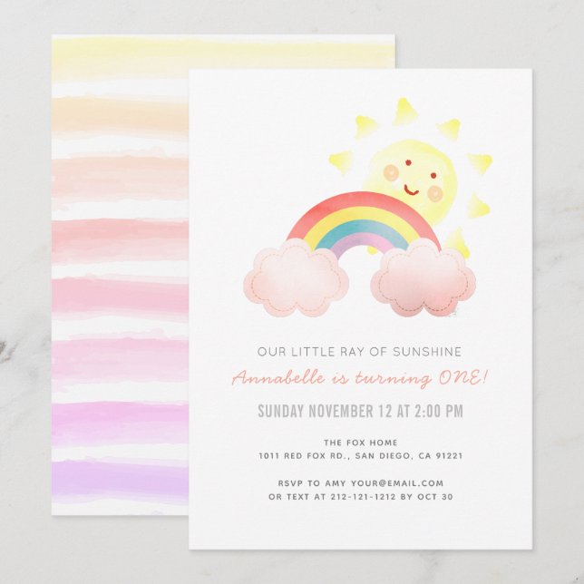 Invitation Sunshine & Rainbow Girl 1er anniversaire (Devant / Derrière)