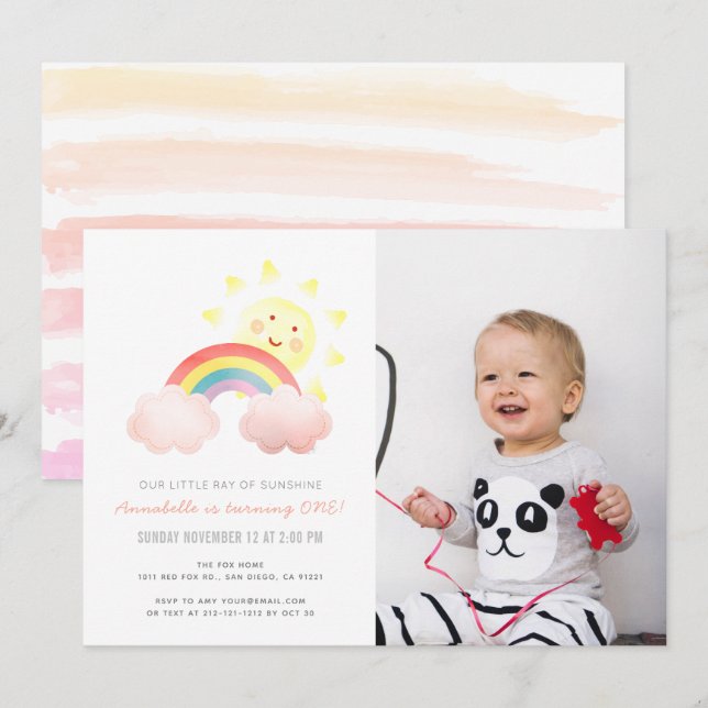 Invitation Sunshine & Rainbow Girl 1er Photo Anniversaire (Devant / Derrière)