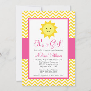 Invitation Sunshine rose jaune Chevron Baby shower fille