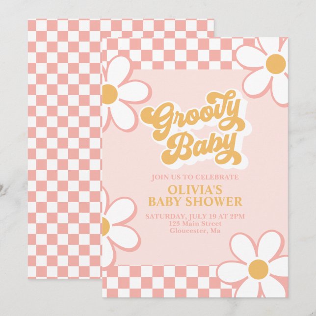 Invitation Super Baby Retro Check Rose Daisy (Devant / Derrière)