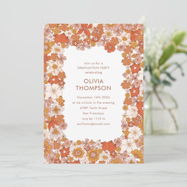 Invitation Super Boho Orange Floral Frame de Graduation Party (Debout devant)