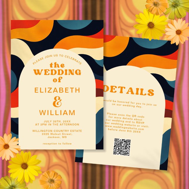 Invitation Super coloré rétro Wavy Boho QR Code Mariage (Groovy Colorful Retro Wavy Boho QR Code Wedding Invitation)