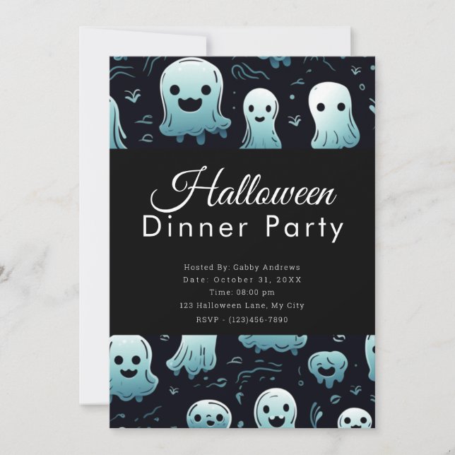 Invitation Super Cute Blue Ghosts Diner d'Halloween (Devant)
