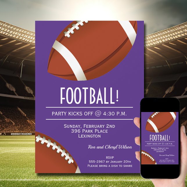 Invitation Super Fan Football Jeu Purple Party (Order INSTANT DOWNLOAD to send digitally or PRINTED cards to mail or both!
)