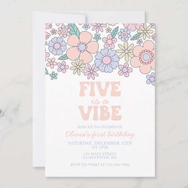 Invitation Super Five est un Vibe Retro Floral 5e anniversair (Devant)
