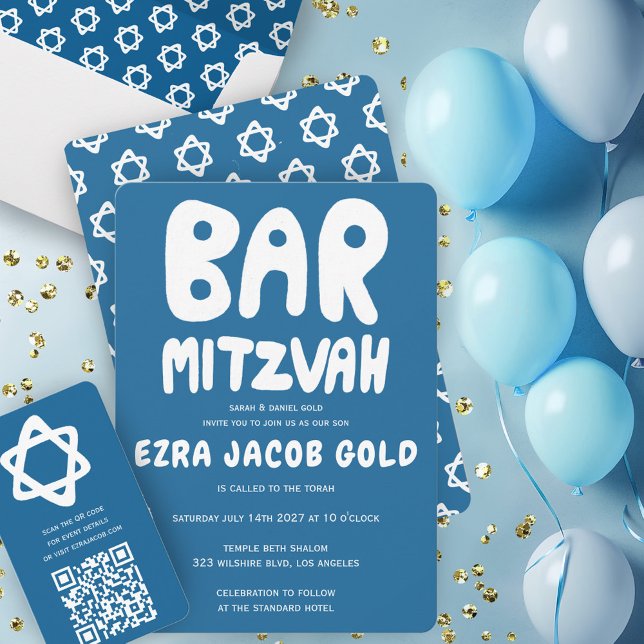 Invitation Super Handlett Custom Bar Mitzvah Blue Stars (Groovy Handlettering Custom Bar Mitzvah Blue Stars Invitation Collection)