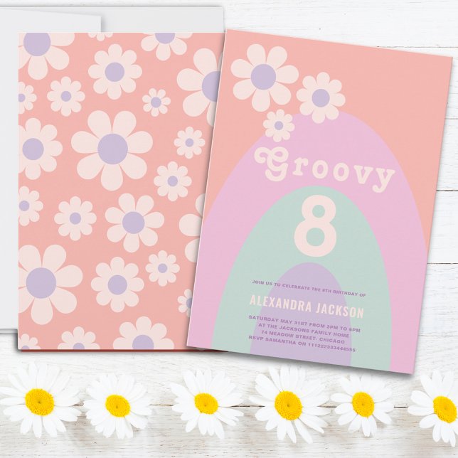 Invitation Super Huit Retro Daisy Arch 8e fête d'anniversaire (Groovy 8 retro 70s vintage pastel 8th birthday party invitation )