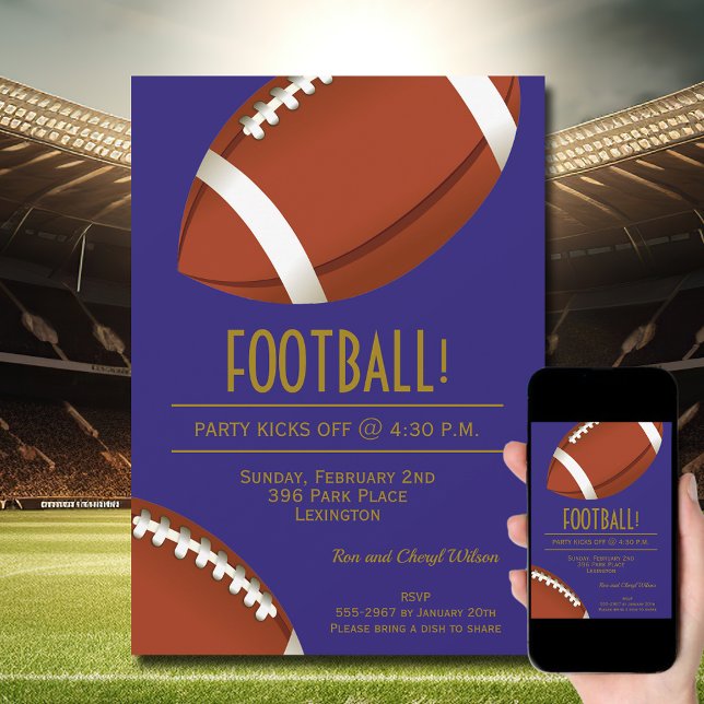 Invitation Super jeu de football violet et or (Order INSTANT DOWNLOAD to send digitally or PRINTED cards to mail or both!)