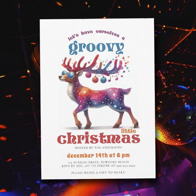 Invitation Super Little Disco Reindeer Fête de Noël (groovy little christmas party hippie disco reindeer 70s nostalgia retro vintage invitation)