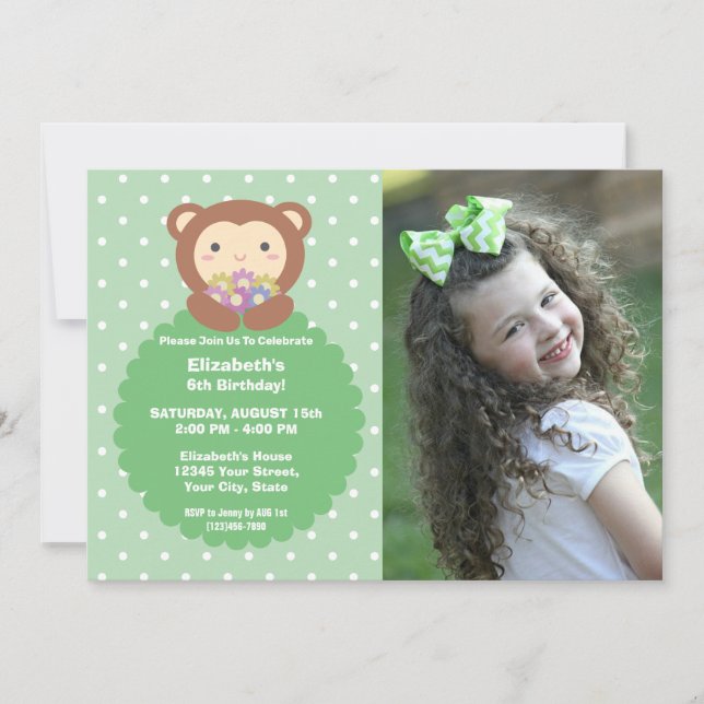 Invitation Super mignon singe et fleurs Anniversaire de enfan (Devant)