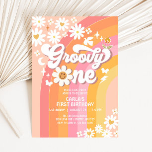 Invitation Super ONE Daisy Hippie 70's Retro 1er anniversaire