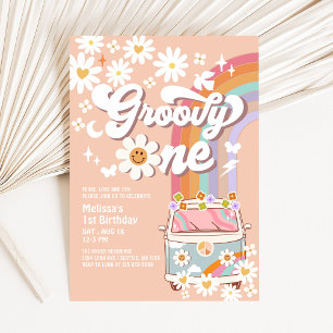 Invitation Super ONE Daisy Rainbow Hippie 70's 1er anniversai
