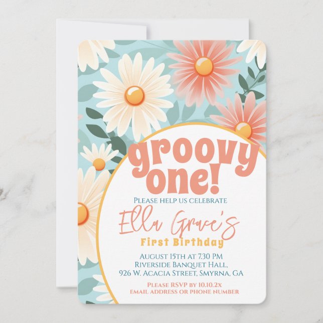 Invitation Super One Retro Boho Flower premier anniversaire (Devant)