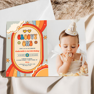 Invitation Super One Retro Rainbow 1st Birday Party Photo