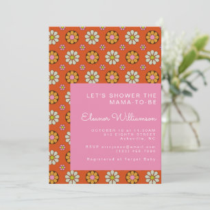 Invitation Super Retro 60s Fleurs Baby shower rose orange