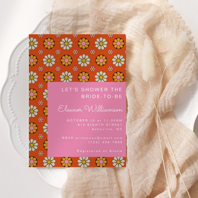 Invitation Super Retro 60s Fleurs Orange Fête des mariées ros (Créateur téléchargé)