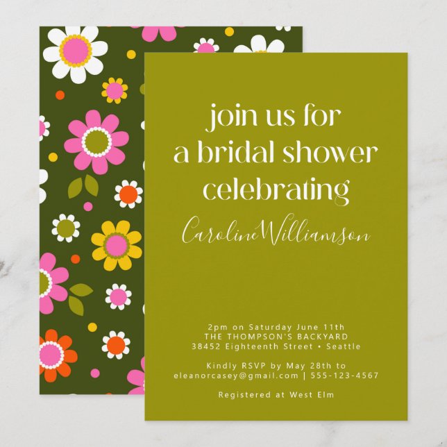 Invitation Super Retro 60s Fleurs rose Fête des mariées verte (Devant / Derrière)