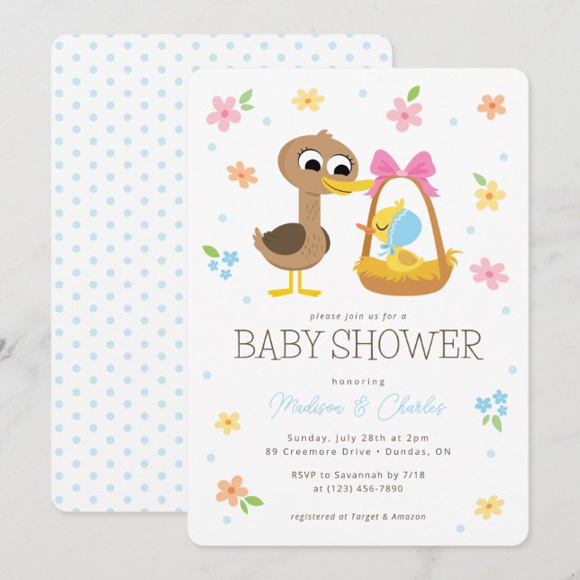 Invitation Super simple | 5 Baby shower Garçon Petit Canards (Devant / Derrière)