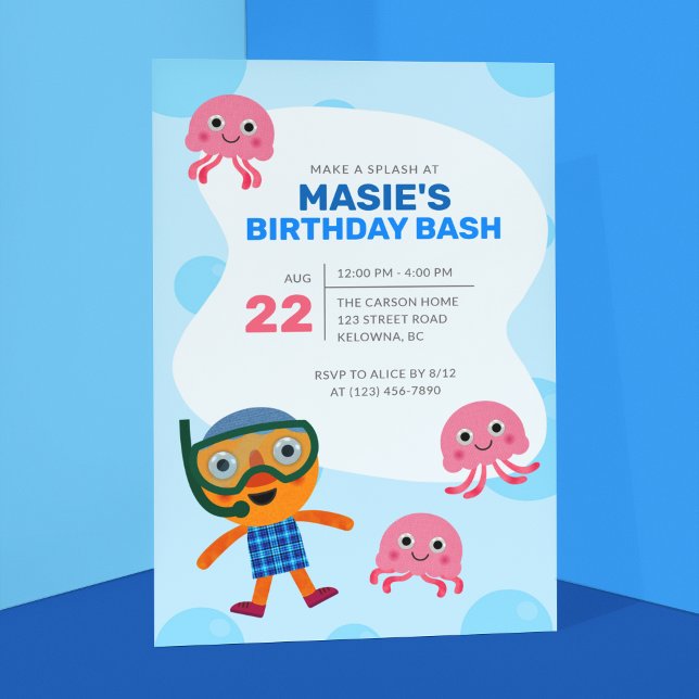Invitation Super simple | Noodle & Pals Fête de natation (Invitation on blue background)