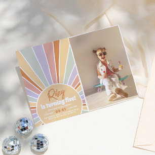 Invitation Super Sunshine Boho Daisy Rainbow Photo Anniversai