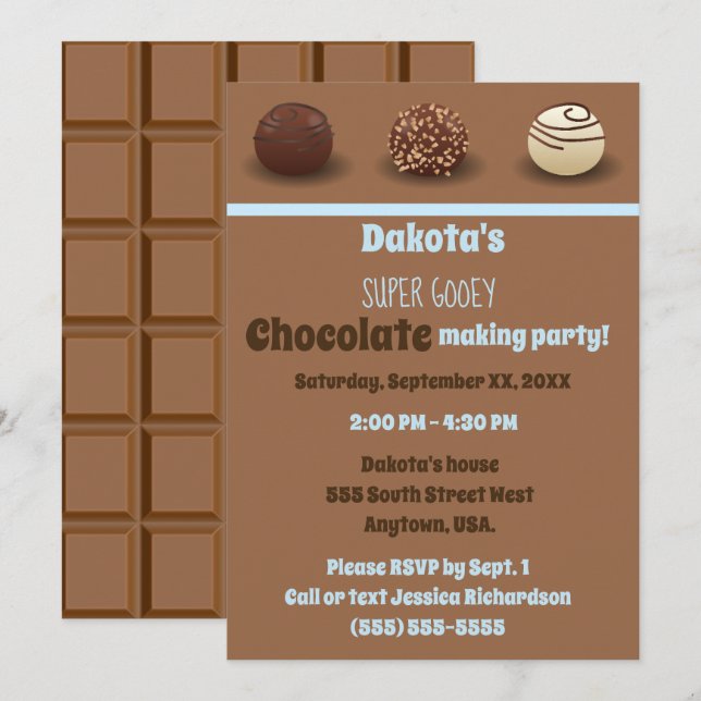 Invitation Super Sweet Chocolat Fête d'anniversaire bleu (Devant / Derrière)