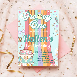 Invitation Super Un Retro Daisy Arc-en-ciel Premier anniversa