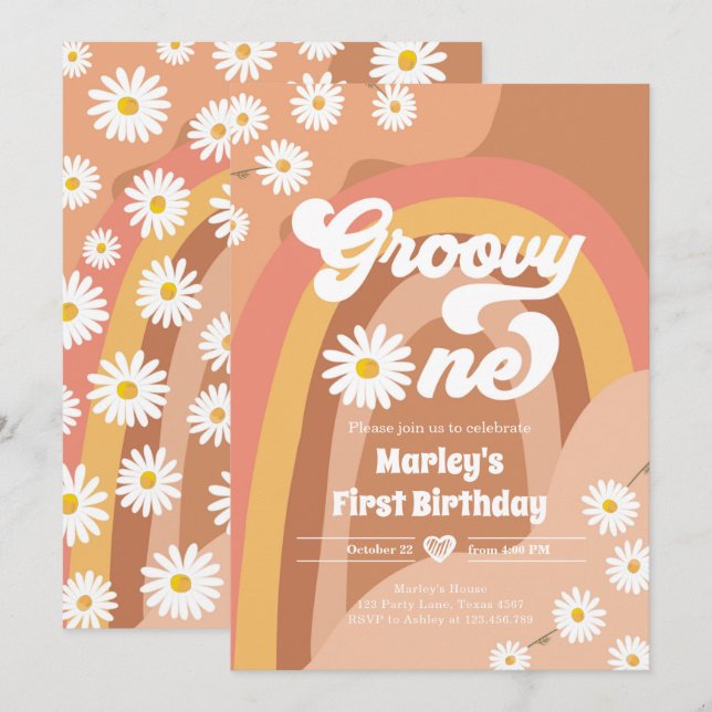 Invitation Super Un Retro Daisy Boho Hippie Premier anniversa (Devant / Derrière)