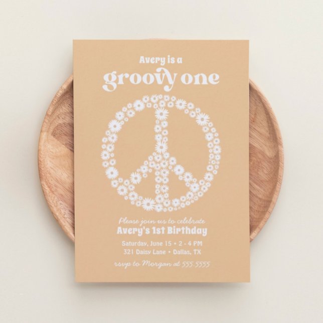 Invitation Super une les années 70 marguerite jaune 1er anniv (Créateur téléchargé)