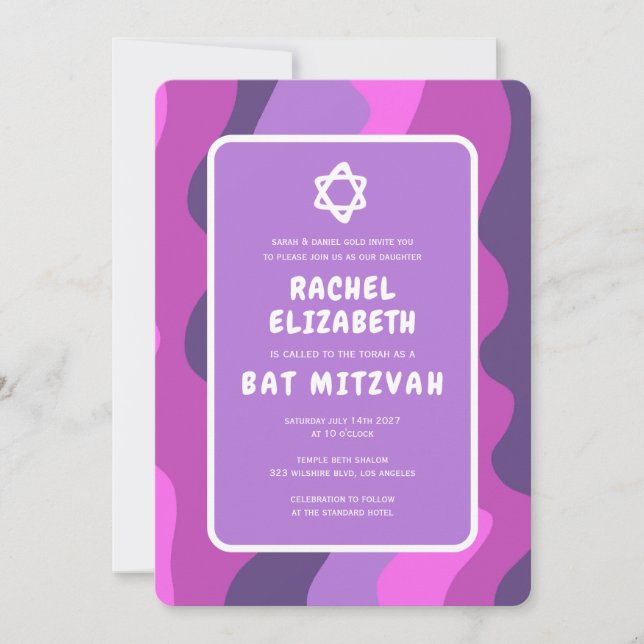 Invitation Super violet Waves Star David Bat mitzvah personna (Devant)