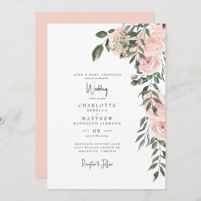 Invitation Superbe aquarelle Blush Floral Mariage (Devant / Derrière)