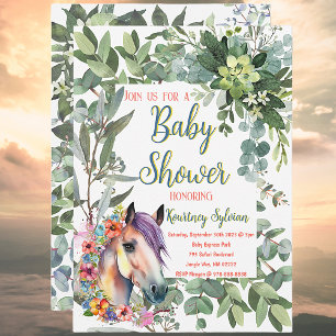 Invitation Superbe aquarelle Floral Horse Baby shower