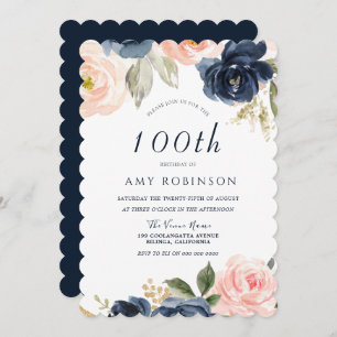 Invitation Superbe Blush & Navy Floral 100e fête d'anniversai