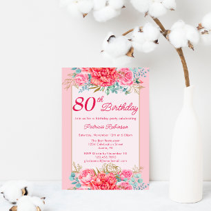 Invitation Superbe Fête d'anniversaire de 80 ans aux fleurs r