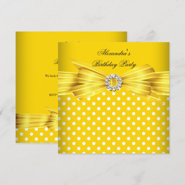 Invitation Superbe fête d'anniversaire des Pois blancs jaunes (Devant / Derrière)