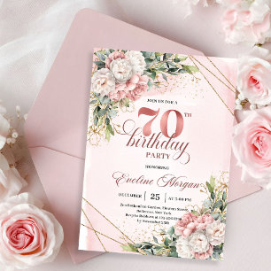 Invitation Superbe Rose Gold Aquarelle Floral 70e Anniversair
