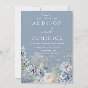 Invitation Superbes Fleurs Bleues Dusty Mariage élégant