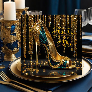 Invitation Superbes Stiletto Paillettes bleues Rubans dorés