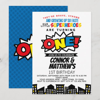 Invitation Superhero 1er anniversaire jumeaux