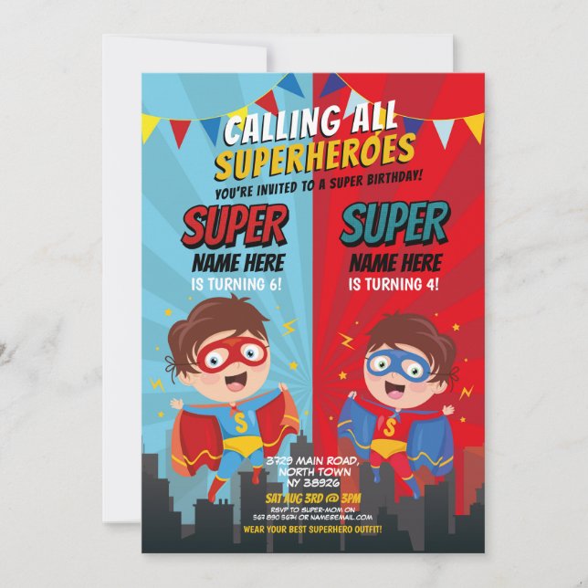 Invitation Superhero Anniversaire Frères Blue Red Joint Boy (Devant)