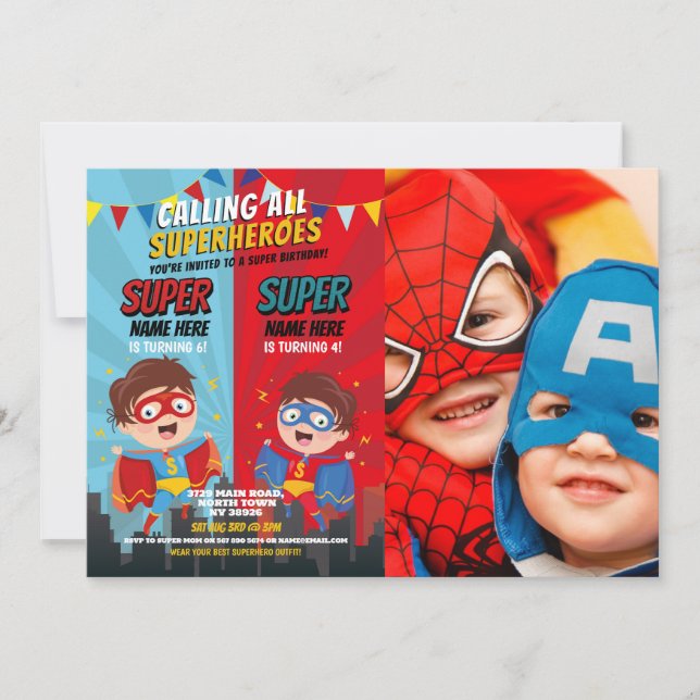 Invitation Superhero Anniversaire Frères Blue Red Photo Boy (Devant)