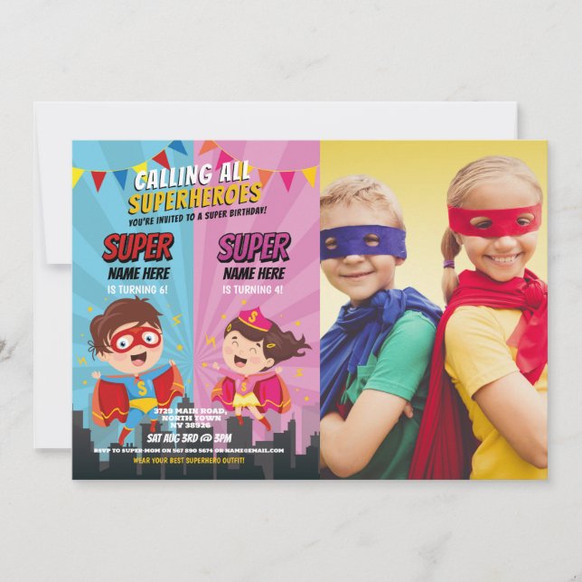 Invitation Superhero Anniversaire Photo Pink Blue Joint Boy G (Devant)
