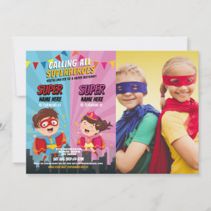 Invitation Superhero Anniversaire Photo Pink Blue Joint Boy G