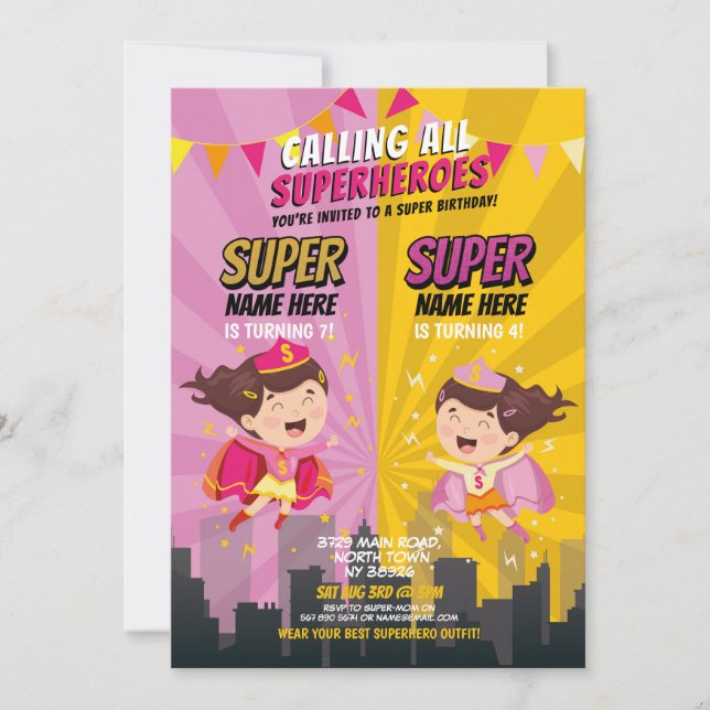 Invitation Superhero Anniversaire Soeur rose Jaune (Devant)