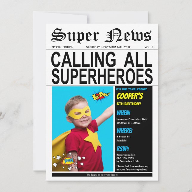 Invitation Superhero Birthday Party Super Hero Boy Girl Photo (Devant)