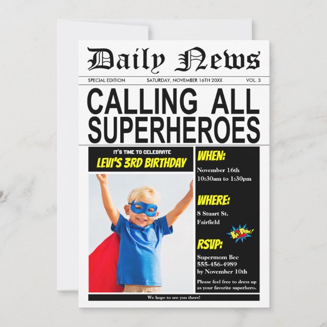 Invitation Superhero Birthday Party Super Hero Boy Photo (Devant)