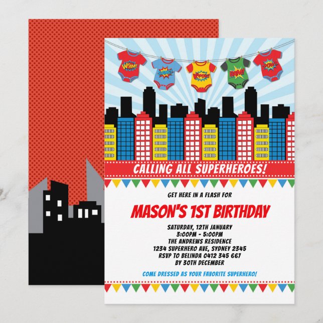 Invitation Superhero Boy 1er anniversaire Cityscape Comic Par (Devant / Derrière)