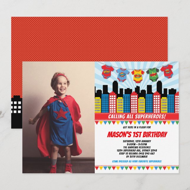 Invitation Superhero Boy 1er anniversaire Cityscape Party Pho (Devant / Derrière)